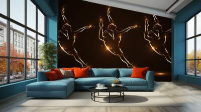 Silhouette of three ballerinas, dancers in movement on pointe and in packs, tutu. Drawn by hand with a stroke of golden color with light on a black background. Performance in the theater. Vector. Wall mural