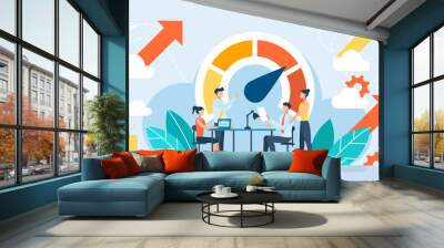 Teamwork concept. Team work in the office. A successful result is on the scale. Colleagues gather in boardroom brainstorm discuss financial statistics together. Working at meeting. Illustration Wall mural