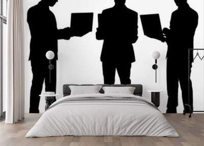 Teamwork. Businessman in suit, marketer working at the computer. Vector flat illustration of programmer, business analyst, designer, manager. Black male silhouette isolated on a white background. Wall mural