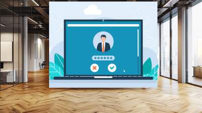 The laptop unlocked the notification button and password field notice. User interface. Secure login and password. Illustration for UI, PC app, web. Creative flat design illustration Wall mural