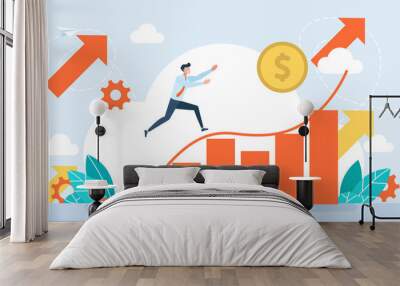 Tiny character runs for money. Exchange rate growth. Rising prices. Depreciation of money. Online Currency Exchange or Stock Investments Technology. Flat design. Business illustration. Wall mural