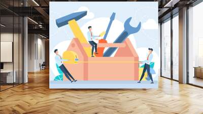 Tiny characters use the tool. Workman's toolkit. Toolbox with instruments inside. Tool chest with hand tools. Set building tools repair. Hammer, screwdriver, tape measure. Business illustration Wall mural