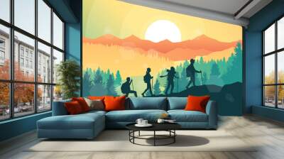 Travel concept of discovering, exploring, observing nature. Hiking tourism. Adventure. A team of friends climbs the mountains. Teamwork. Polygonal landscape illustration, Minimalist flat design Wall mural