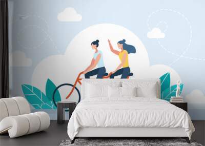 Two businesswomen riding tandem bicycle to goal. Teamwork concept. Two joyful women riding tandem bicycle flat vector. Happy friends spends time together and travel on bike. Flat Vector Illustration Wall mural