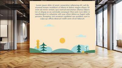 Vector landscape, sunrise scene in nature with mountains and forest, silhouettes of trees. Hiking tourism. Adventure. Minimalist graphic flyers. Polygonal flat design for coupons, vouchers, gift cards Wall mural