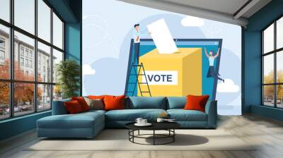 Voting box and voters making decisions. Tiny people putting voting paper into ballot box that come out from laptop monitor. Modern online voting and election concept. Flat illustration Wall mural