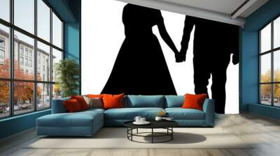 Wedding, husband and wife walking together, isolated vector silhouette Wall mural