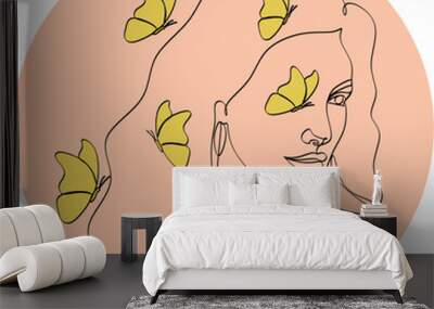 Woman's head with butterflies. Boho wall art set. Women's faces Fashionable bohemian drawing. Minimalist woman illustration for wall decor, print, poster, social media. Abstract woman art vector illus Wall mural