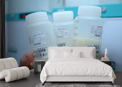 At the Human Milk Bank laboratory. Lab assistant hands holding  breast milk storage containers with human milk inside, freezers on a background Wall mural