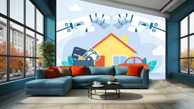 Сoncept of property and life insurance. Сar, health, house, money, finance being safeguarded by smart artificial intelligence, robot hands. Automated Protection against hazards. Flat illustration Wall mural