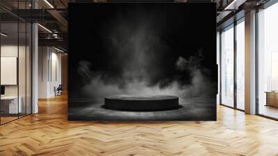 Abstract dark podium on smoky black background, dramatic empty stage for product display Wall mural