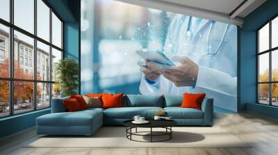 Doctor analyzing health data on device - data management element - visuals - copy space Wall mural