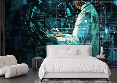 Doctor analyzing medical data - device health data management - visual background - copy space Wall mural