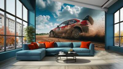 Exciting rally car racing on a dirt track, featuring high speed action and skilled maneuvering Wall mural