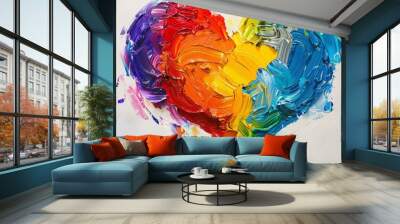 Expressive rainbow heart painting with vibrant colors on canvas, artistic and lively hues Wall mural