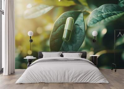 Natural vitamin capsules featuring green leaves  a focus on alternative medicine solutions Wall mural