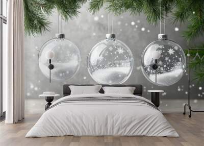 Realistic glass christmas balls with snow vector set, crystal spheres with snowflakes for decoration Wall mural