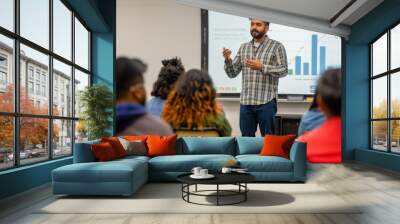 A male teacher is engaging students in a classroom presentation on graph data. The interactive teaching methods create an educational experience filled with learning opportunities Wall mural