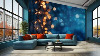 A mesmerizing view of yellow bokeh lights against a deep blue background, perfect for festive occasions, holiday themes, and artistic designs. Capturing the essence of joy and celebration. Wall mural