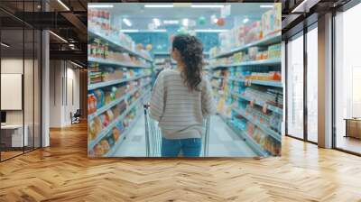 A woman with curly hair is seen shopping in a supermarket aisle, viewed from behind. She is pushing a cart past shelves stocked with products, navigating the modern, bustling interior of the store Wall mural