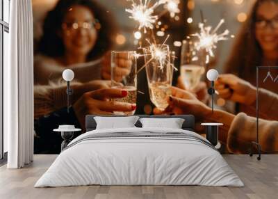 Capturing a joyous moment with friends, raising glasses of champagne and sparklers in a festive celebration of togetherness and joyfulness, where smiles shine bright and vibes are lighthearted Wall mural