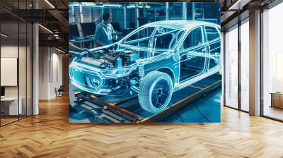 Engineers are collaborating on a futuristic car prototype with a holographic overlay in a hightech lab, focusing on innovation and technology in automotive research and development Wall mural