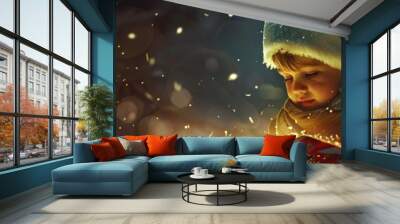 experience the enchantment of christmas as a child reads under the starry night sky, filled with joy Wall mural