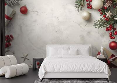 Immerse yourself in the holiday spirit with a festive Christmas background filled with gift boxes and decorations. Share joy and cheer with your loved ones during the season of celebration Wall mural