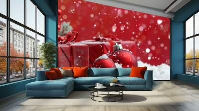 In a winter wonderland, a festive Christmas scene abounds with red gifts and ornaments, creating a joyful holiday atmosphere for celebrating the season with cheer and jolly festivities Wall mural