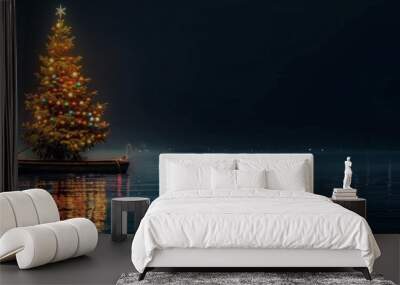 The Christmas tree lights illuminate a peaceful lake at night, creating a beautiful holiday scene. Its serene, perfect for festive season visuals, with a tranquil and contemplative atmosphere Wall mural