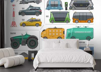  Vector autonomous self drive vehicles set, driverless transport with city and race car, taxi, bus, delivery van, robocourier, tractor, haul and heavy duty truck, satellite, antenna, charge station. Wall mural