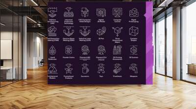 3D printing outline icon set in dark mode with additive manufacturing (AM) print technology editable stroke line symbols: printer machine, pen, three dimensional object, complex shapes, materials. Wall mural