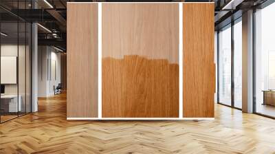 The process of coating a new wooden surface with varnish or oil.  A set of 3 images of the same panel. Wall mural