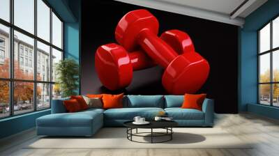 Two red shiny dumbbells on a black matte background. Close-up. Angle view. Selective focus. Wall mural