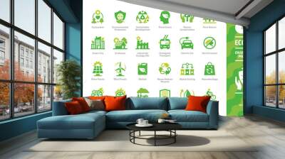 Ecology green icon set with ecological city, eco technology, renewable energy, environmental protection, sustainable development, nature conservation, climate change and global warming symbols. Wall mural