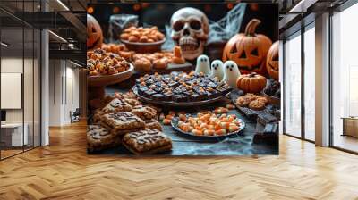 Halloween cookies and sweets on dark wooden table. Toned. Wall mural