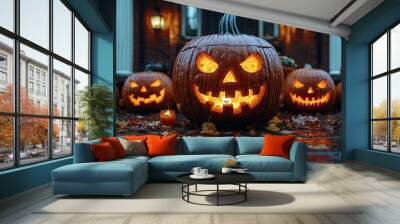 Halloween pumpkins in front of house at night. Halloween background Wall mural