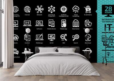 Information technology glyph icon set on a black background with IT network system, internet of things, artificial intelligence, cloud computing, e-commerce, computer tech and communication symbols. Wall mural