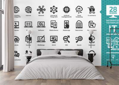 Information technology glyph icon set with IT network system, global internet, data center, communication, web site, social media, seo business, e-commerce, support, computer and mobile device sign. Wall mural