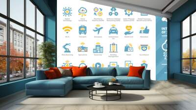 Internet of things blue and yellow color glyph icon set with wireless network cloud computing digital IoT tech, smart home and city, industry 4.0, agriculture, vehicle, aerospace and healthcare sign. Wall mural