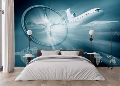 airplane, compass, continent maps on blue  background Wall mural