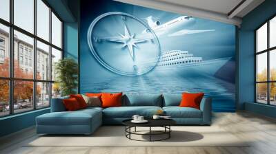 airplane ship compass on blue  background Wall mural