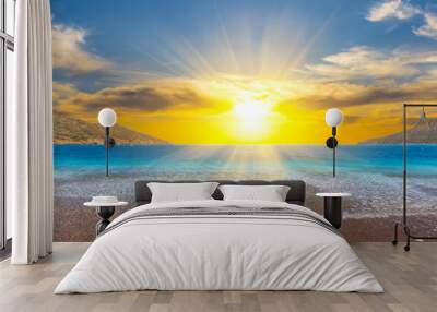 sandy sea beach at the sunset, summer vacation background Wall mural