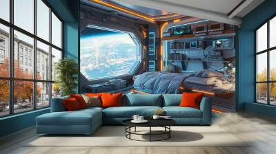 a futuristic teenager's room on an orbital station. a breathtaking view of Earth. Generative AI Wall mural