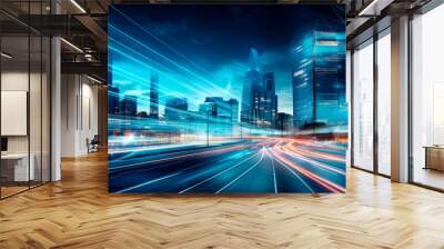 A modern high-rise building of the future alongside advanced road transport systems incorporating digital data exchange. Rapid light trails left by swiftly moving cars, Generative AI  Wall mural