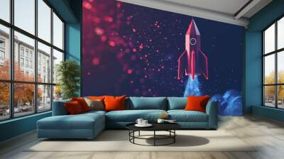 A rocket taking off, accompanied by a price rise graph, on a dark hi-tech background illustrating progress, advancements, innovation and futuristic technology.  Wall mural