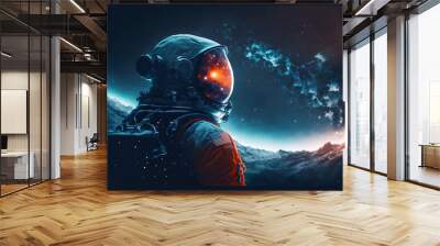 astronaut stands on an alien planet against the background of the starry sky Wall mural