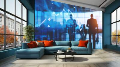 Business leader explaining strategy, double exposure with profit growth arrows, promoting team understanding and alignment to achieve corporate goals in an office environment. Wall mural