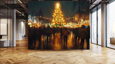 Enchanting Christmas Tree, Magical Holiday Scene with Twinkling Lights and Festive Atmosphere in Blurred Urban Night Landscape Wall mural