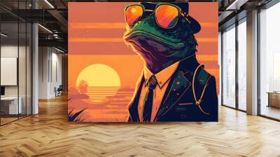 frog wearing sunglasses vintage 60s sunset vector illustration gradient flat color, the image was created with the help of artificial intelligence. Wall mural